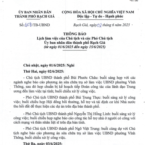 Thông báo Lịch làm việc của Chủ tịch và các Phó Chủ tịch Ủy ban nhân dân thành phố Rạch Giá (từ ngày 01/6/2025 đến ngày 15/5/2025)